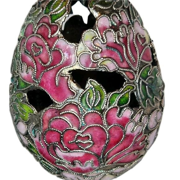 Cloisonne Enameled Egg Christmas Ornament Hanging Cut Out Floral Design Stunning - Picture 8 of 9
